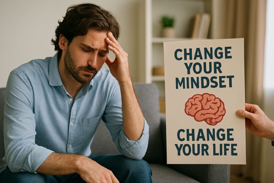 Man met vermoeide blik zit thuis op de bank, omringd door zelfhulpboeken en een poster met de tekst ‘Stress is een keuze’ — visuele metafoor voor de mindset-benadering van burn-out.